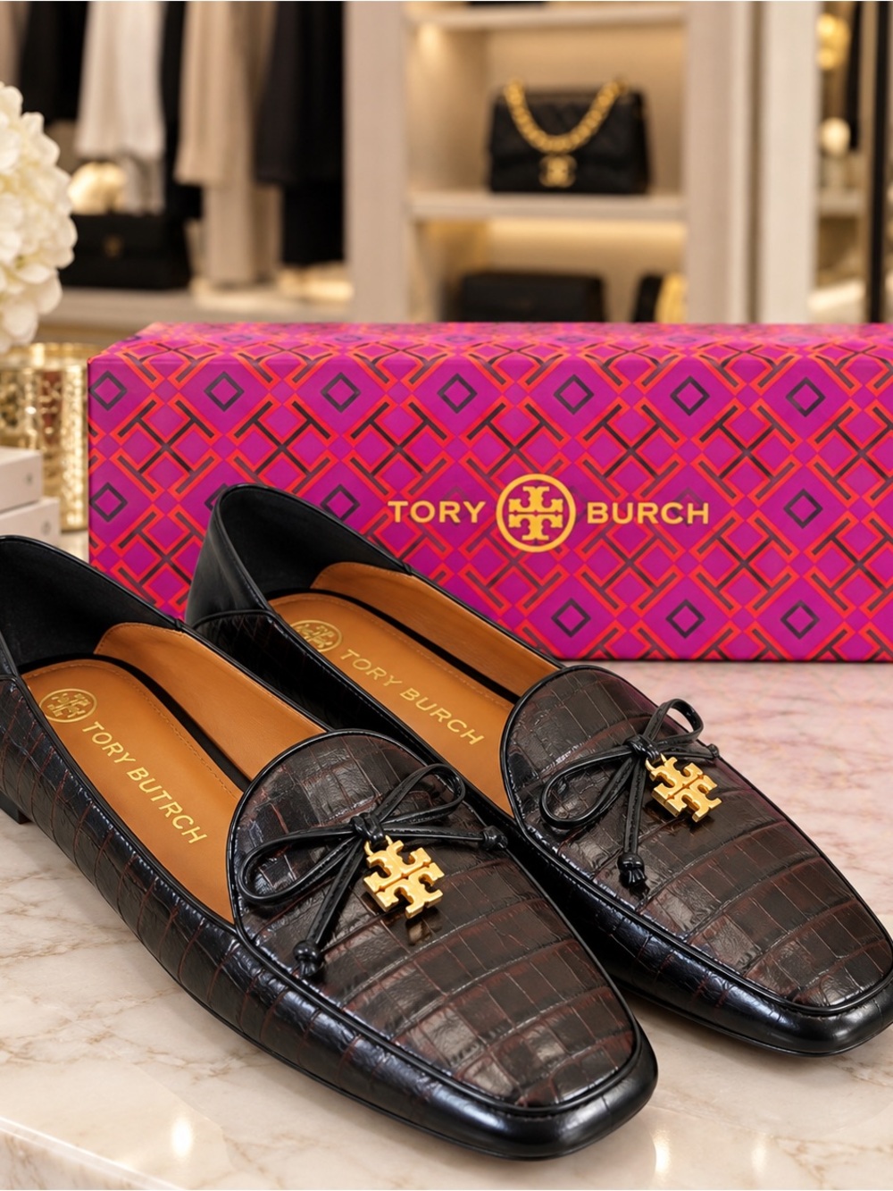 Tory Burch Charm Loafers Matte Croc Embossed Leather Brown Black Size 8